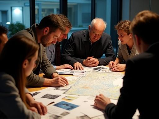 Darshan Kala Locations team discussing a project plan with maps and documents