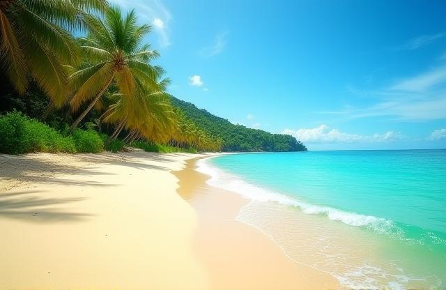 Tropical beach with palm trees and blue water, perfect for scenic shots