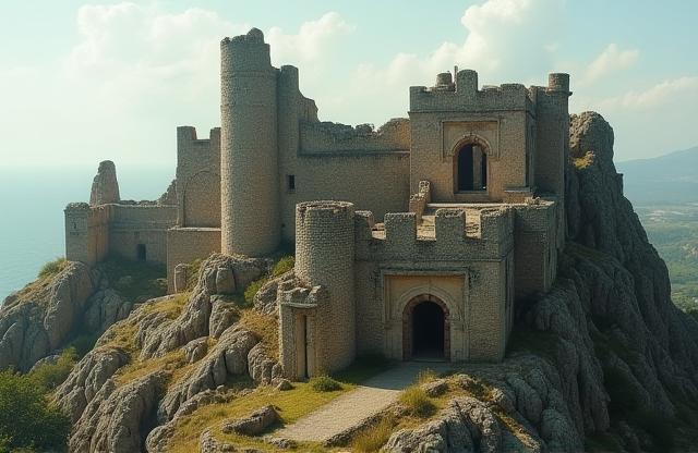 Ancient fort ruins on a hill, a dramatic backdrop for historical or fantasy films