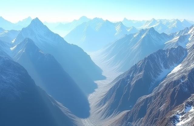 High altitude mountains and valleys in the Himalayas, suitable for adventure or drama filming