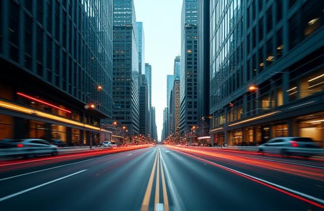 A modern, bustling city street scene used for a high-speed chase sequence